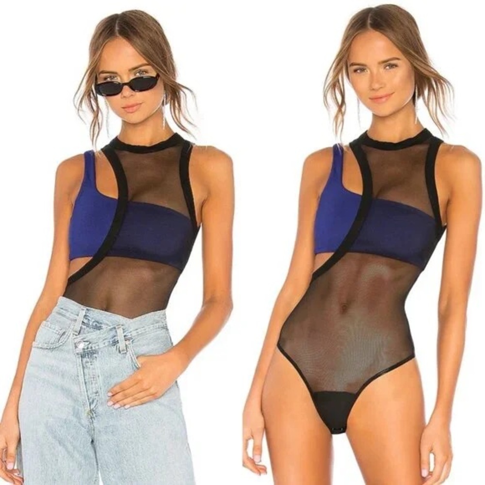 h:ours Black Sheer Mesh Bodysuit with Blue Bralette Panel